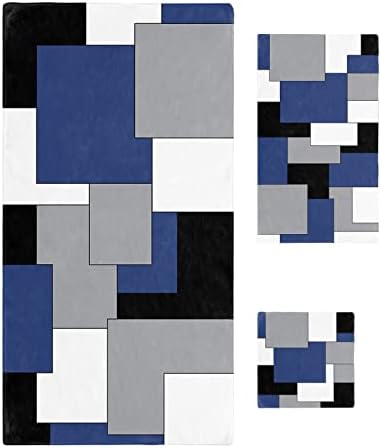 Seven Roses Navy Blue Grey Black Geometric Bath Towels Set