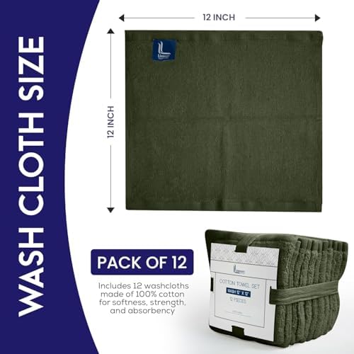 12x12 Premium Washcloth Set Zero Twist 100 Ring Spun Cotton Army Green