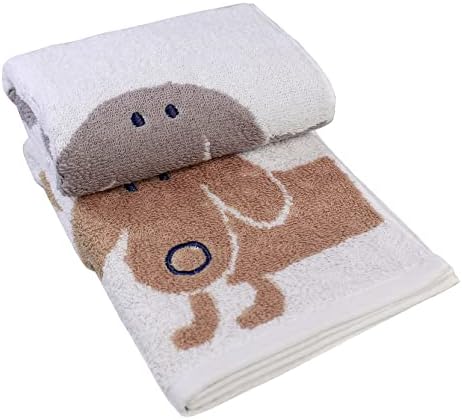 Kissvian 2 Pack Pure Cotton Hand Bath Towel Set with Cartoon Dog Pattern