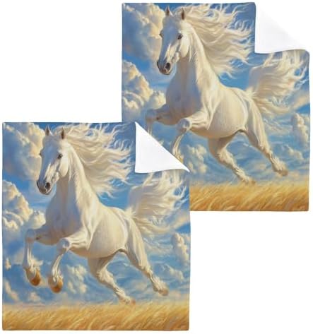 2-Pack White Horse Gallops Washcloths Soft Absorbent Face Hand Towels