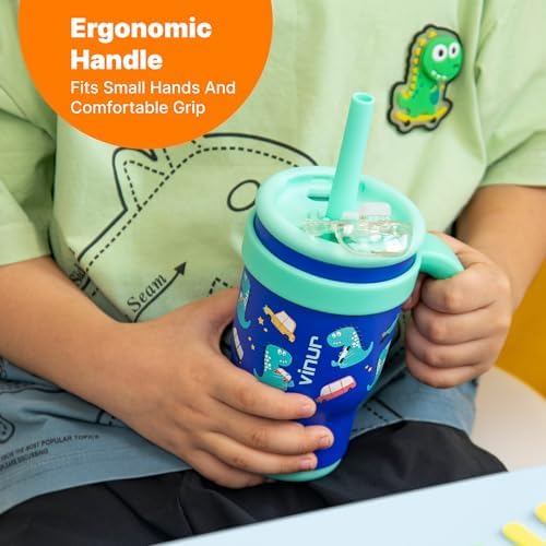 VINUR Kids Tumbler Dinosaur 17 oz Leak Proof with Handle and Straw Lid