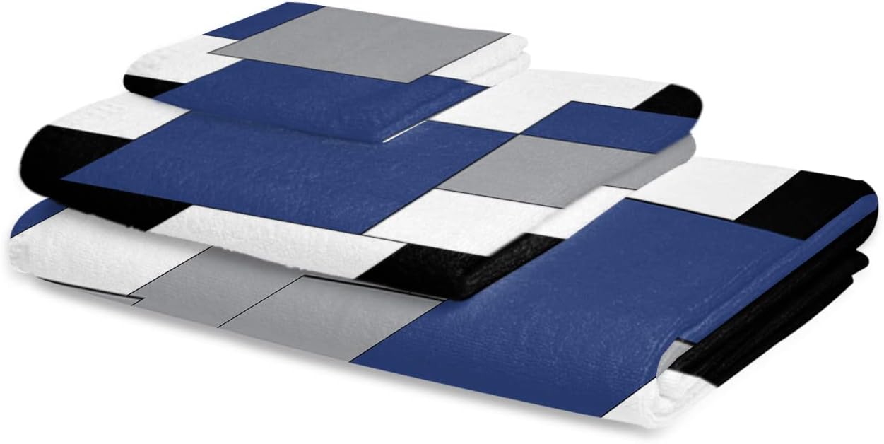 Seven Roses Navy Blue Grey Black Geometric Bath Towels Set