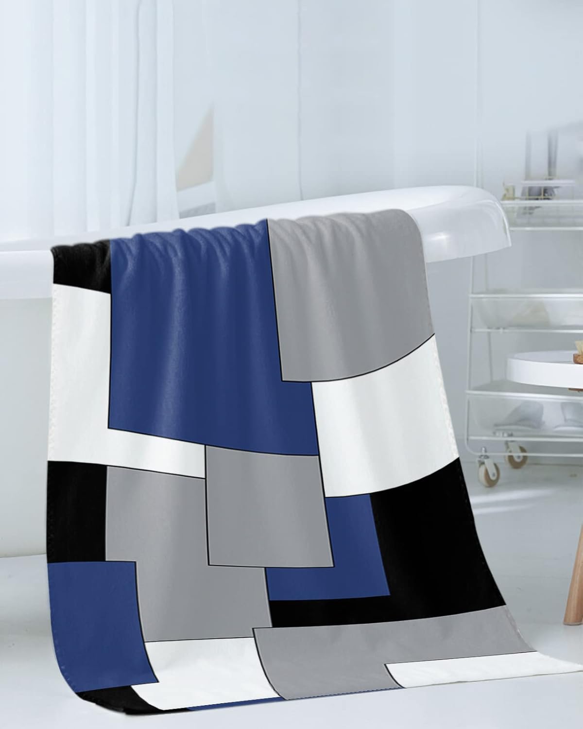 Seven Roses Navy Blue Grey Black Geometric Bath Towels Set