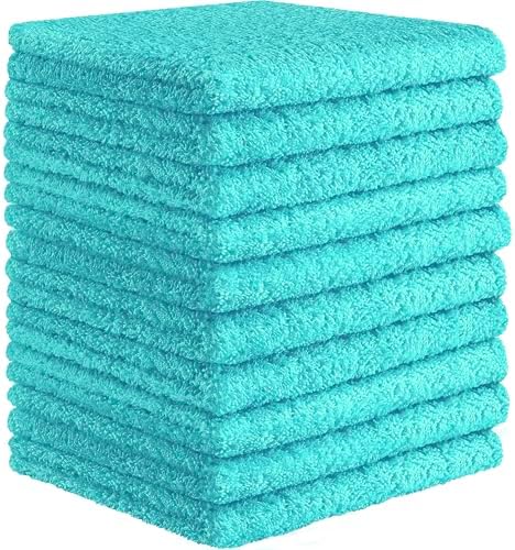 Luxurious Soft 12x12 Cotton Washcloth for Bathroom Kitchen Turquoise 10-Pack