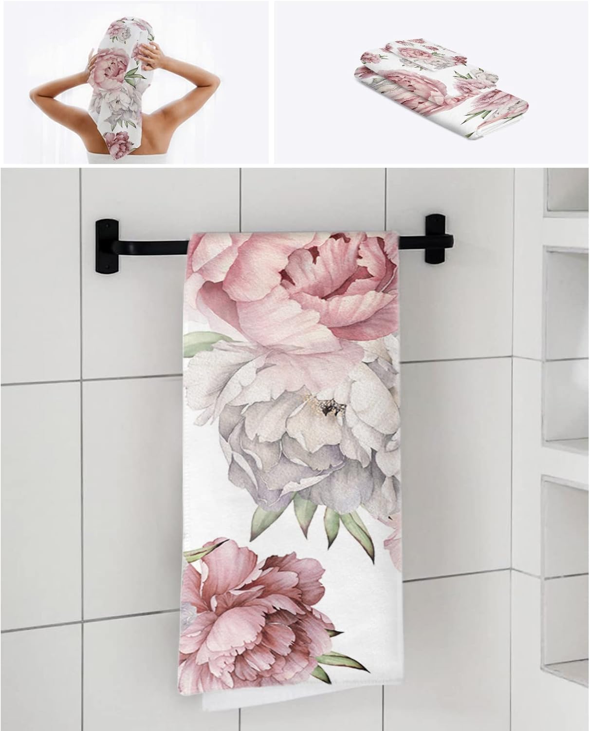 Shine-Home Red White Pink Floral Towel Set for Bathroom