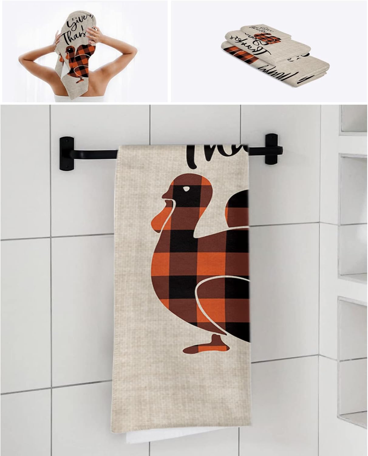 ZOE GARDEN Black Orange Check Turkey Towel Set 3-PC