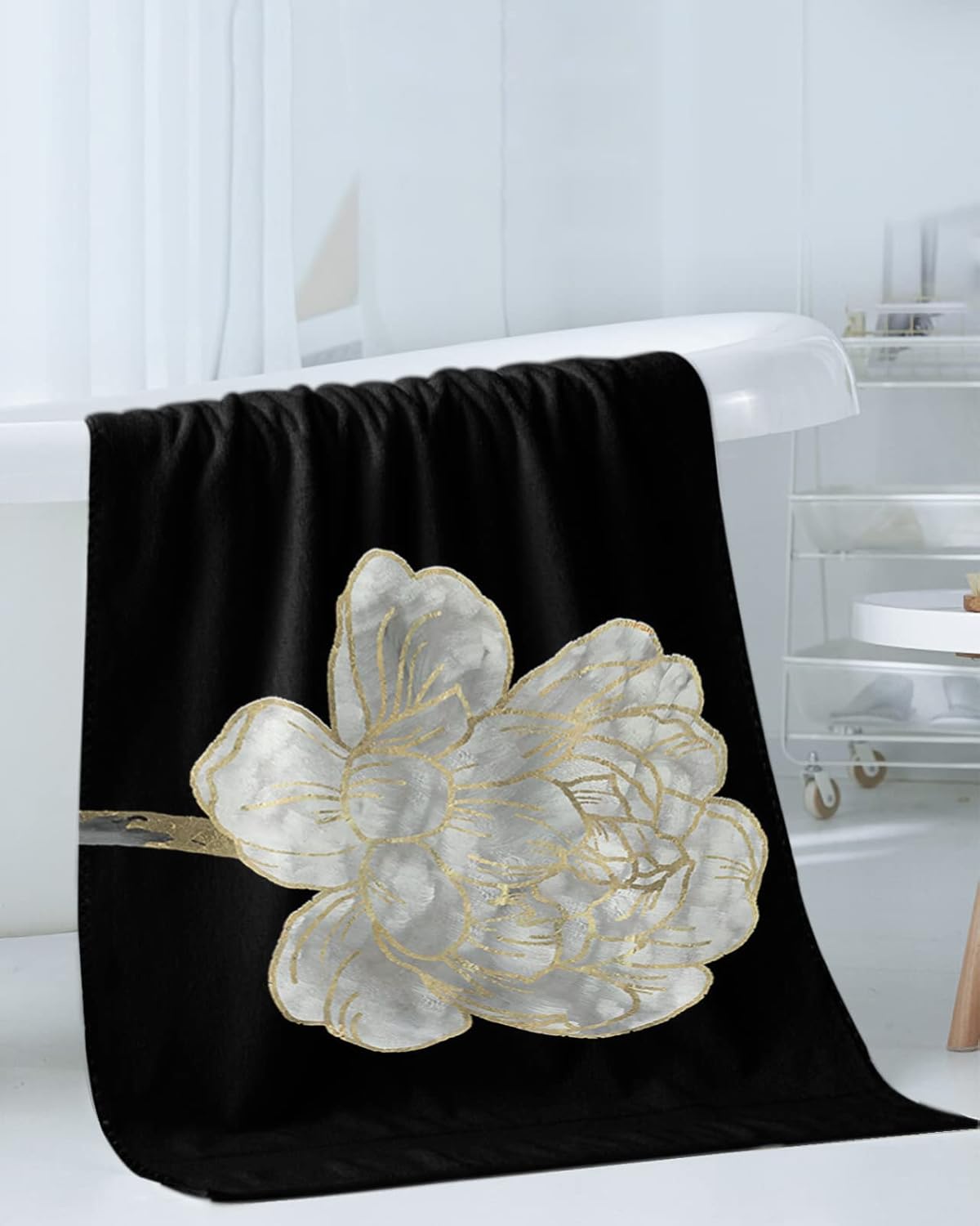 Abstract White Floral Towel Set for BathroomKitchen and More