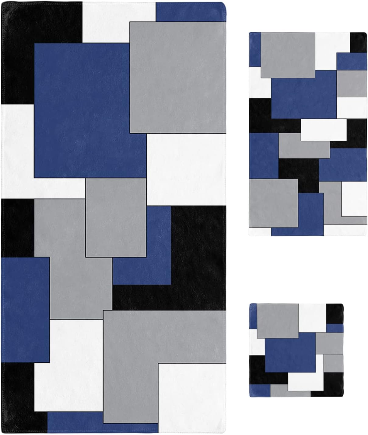 Seven Roses Navy Blue Grey Black Geometric Bath Towels Set