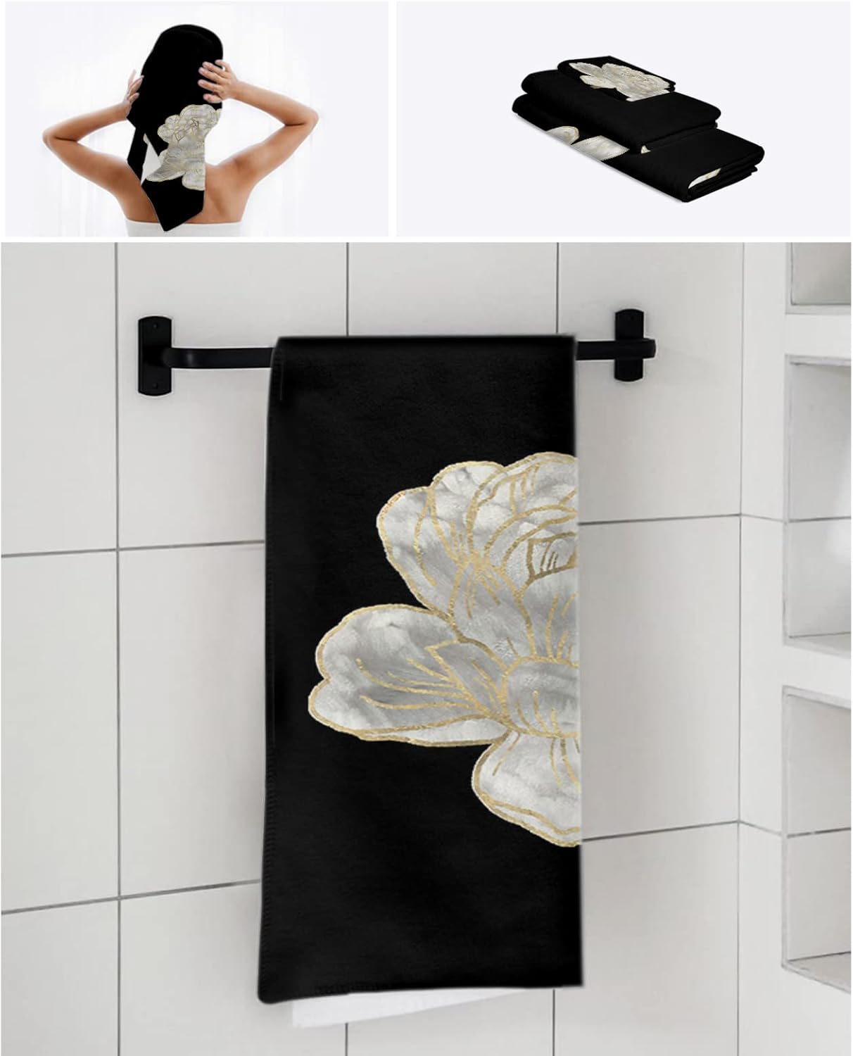 Abstract White Floral Towel Set for BathroomKitchen and More