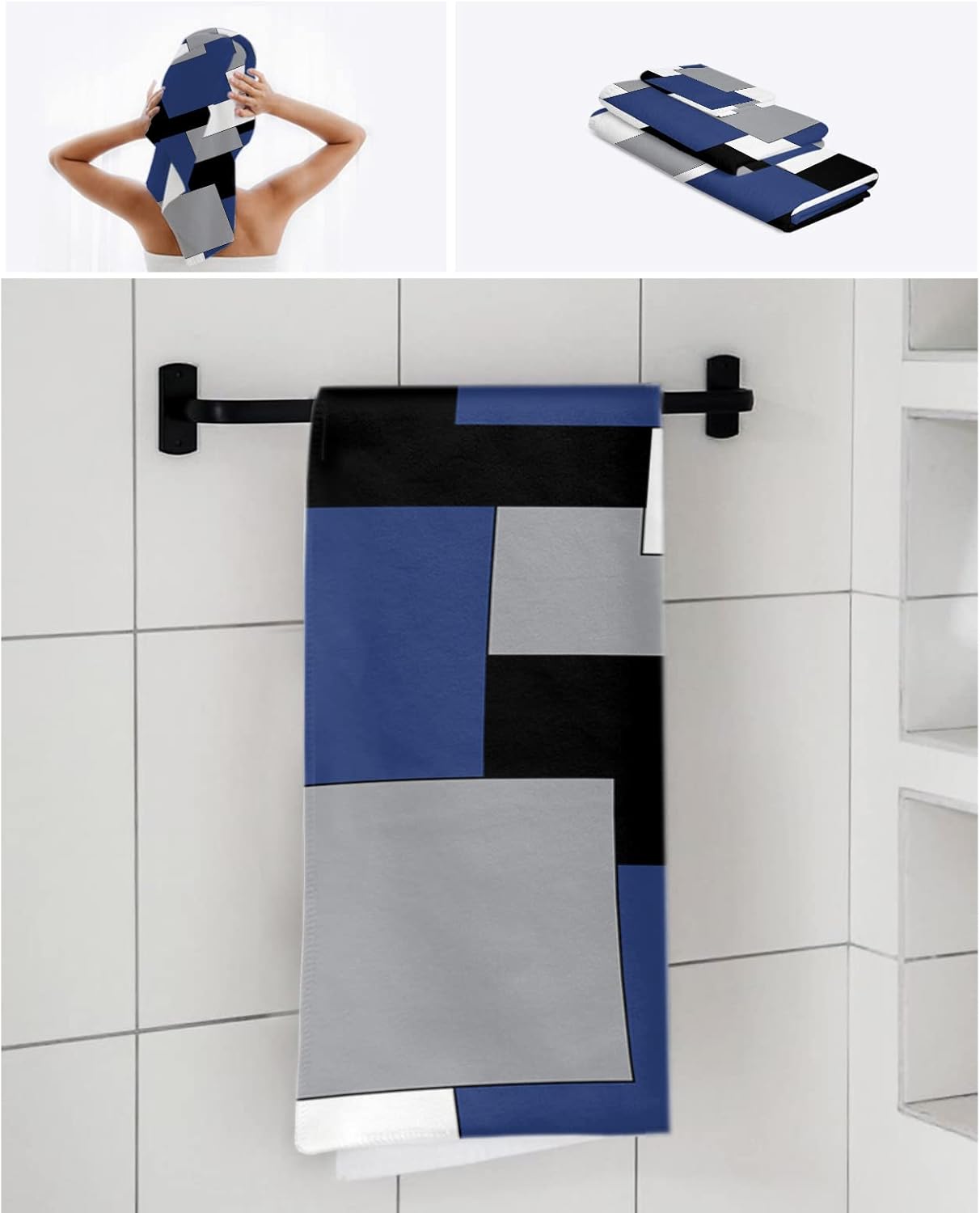 Seven Roses Navy Blue Grey Black Geometric Bath Towels Set