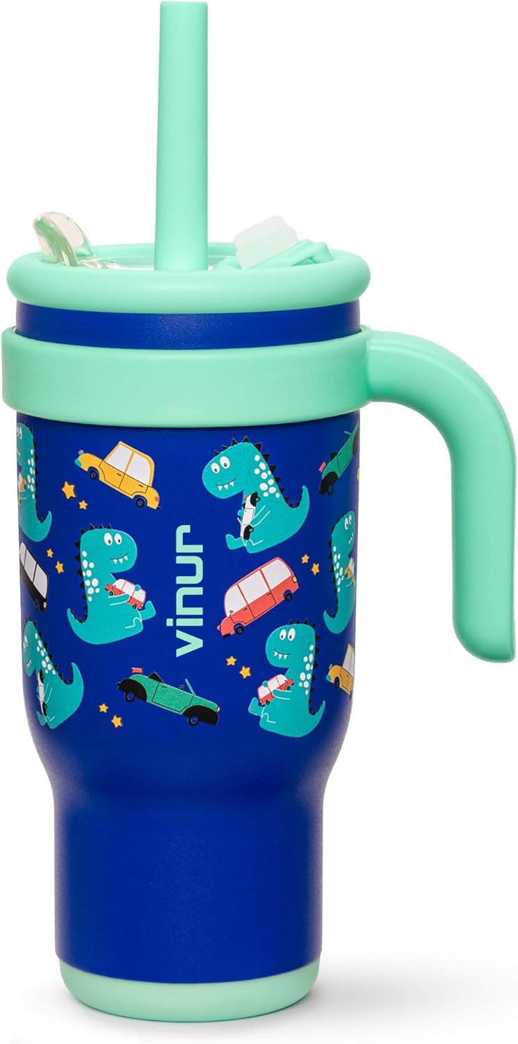 VINUR Kids Tumbler Dinosaur 17 oz Leak Proof with Handle and Straw Lid