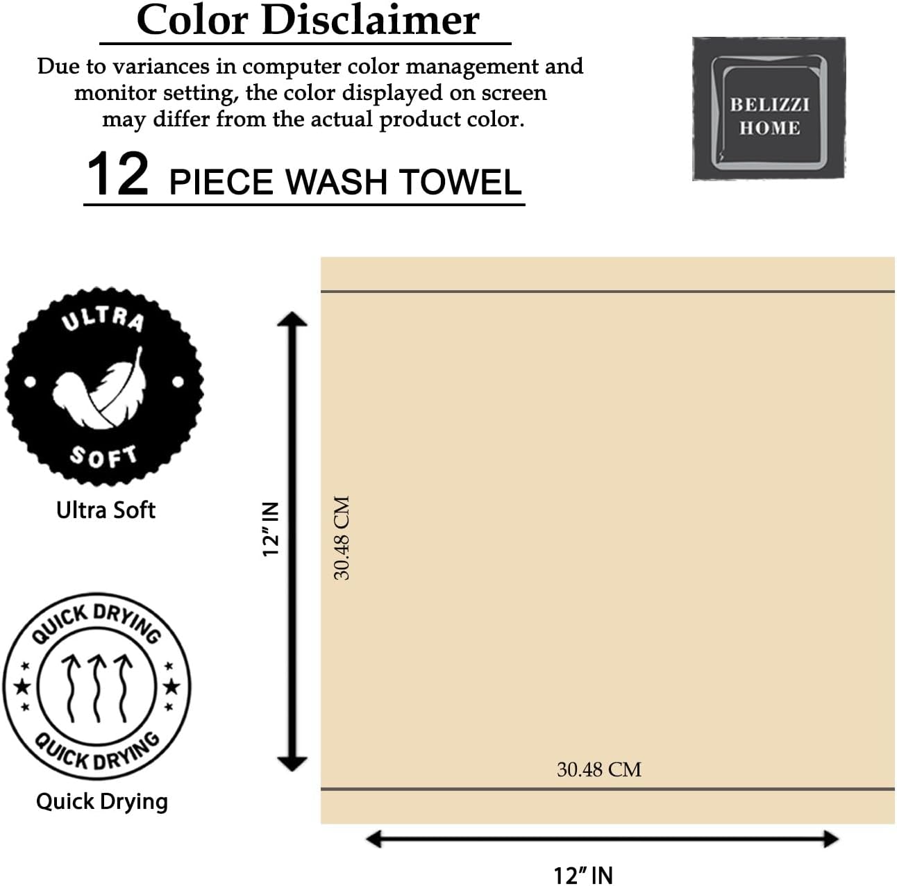 Belizzi Home Ultra Soft Cotton Washcloths 12 Pack 12x12 Inch Charcoal Grey