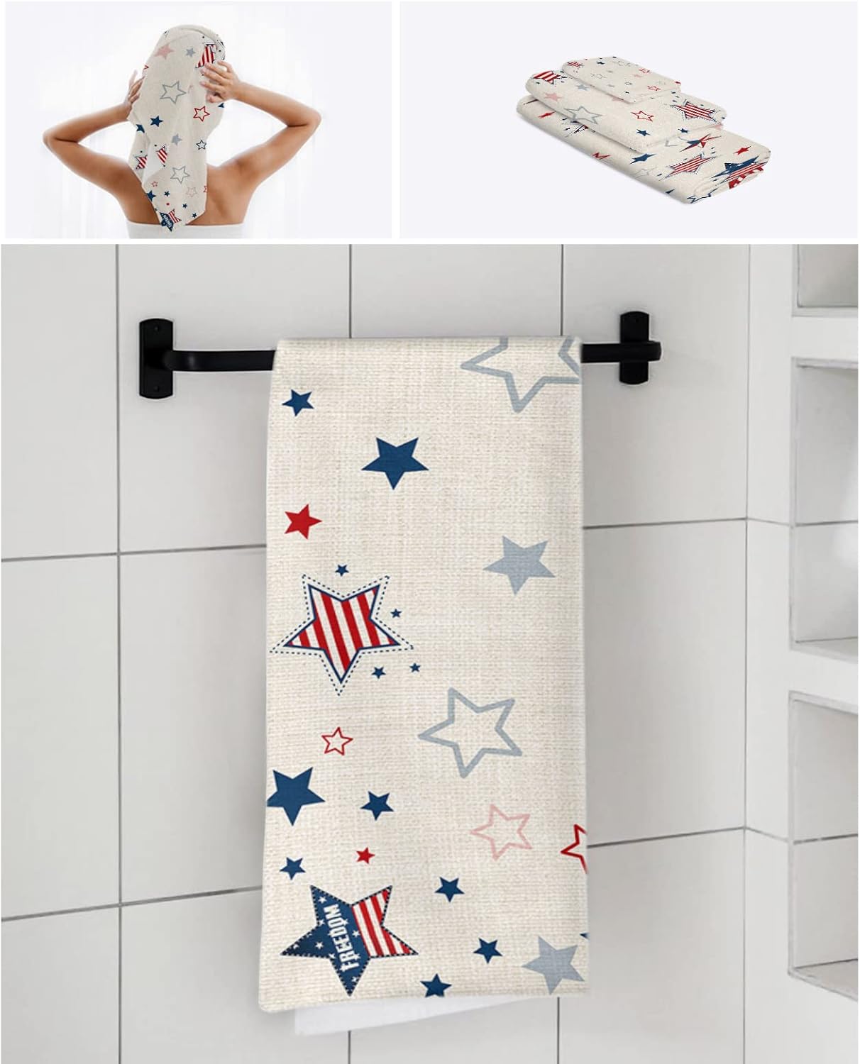 Anzona 4th of July Blue Red Star 3-Piece Bath Towels Set