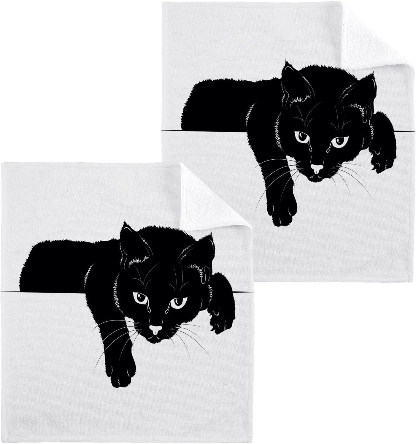 Doterii Set of 2 Black Cat Washcloths for Kitchen and Bathroom