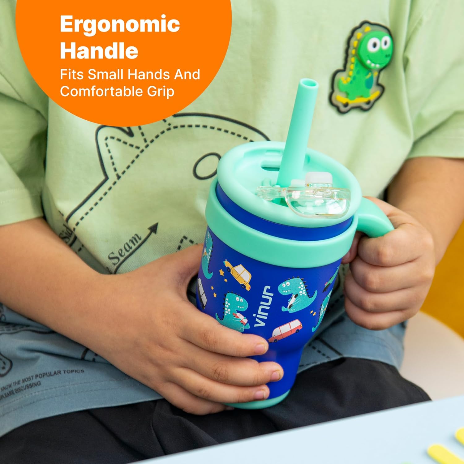 VINUR Kids Tumbler Dinosaur 17 oz Leak Proof with Handle and Straw Lid