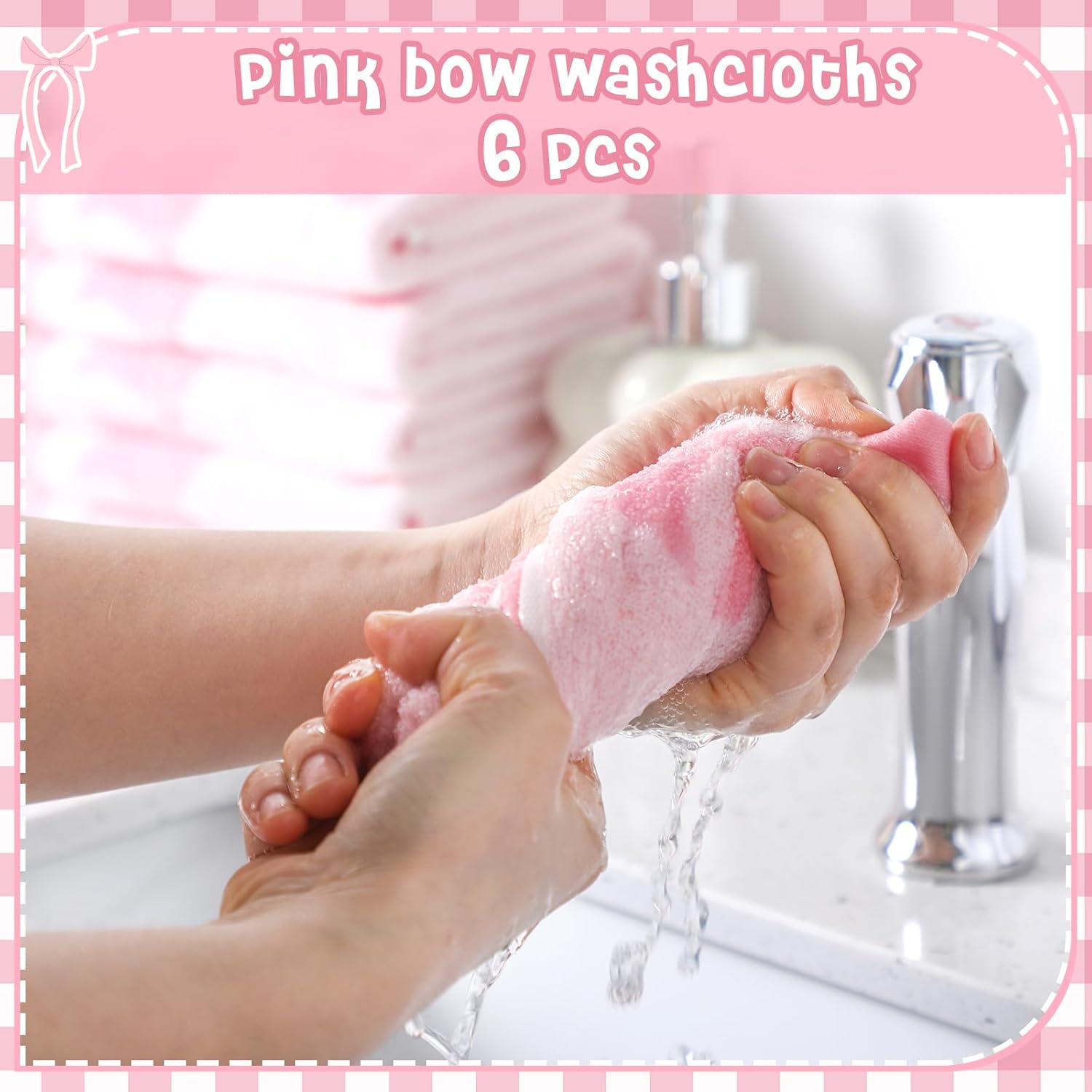 6 Pack Pink Bow 13x13 Cotton Washcloths