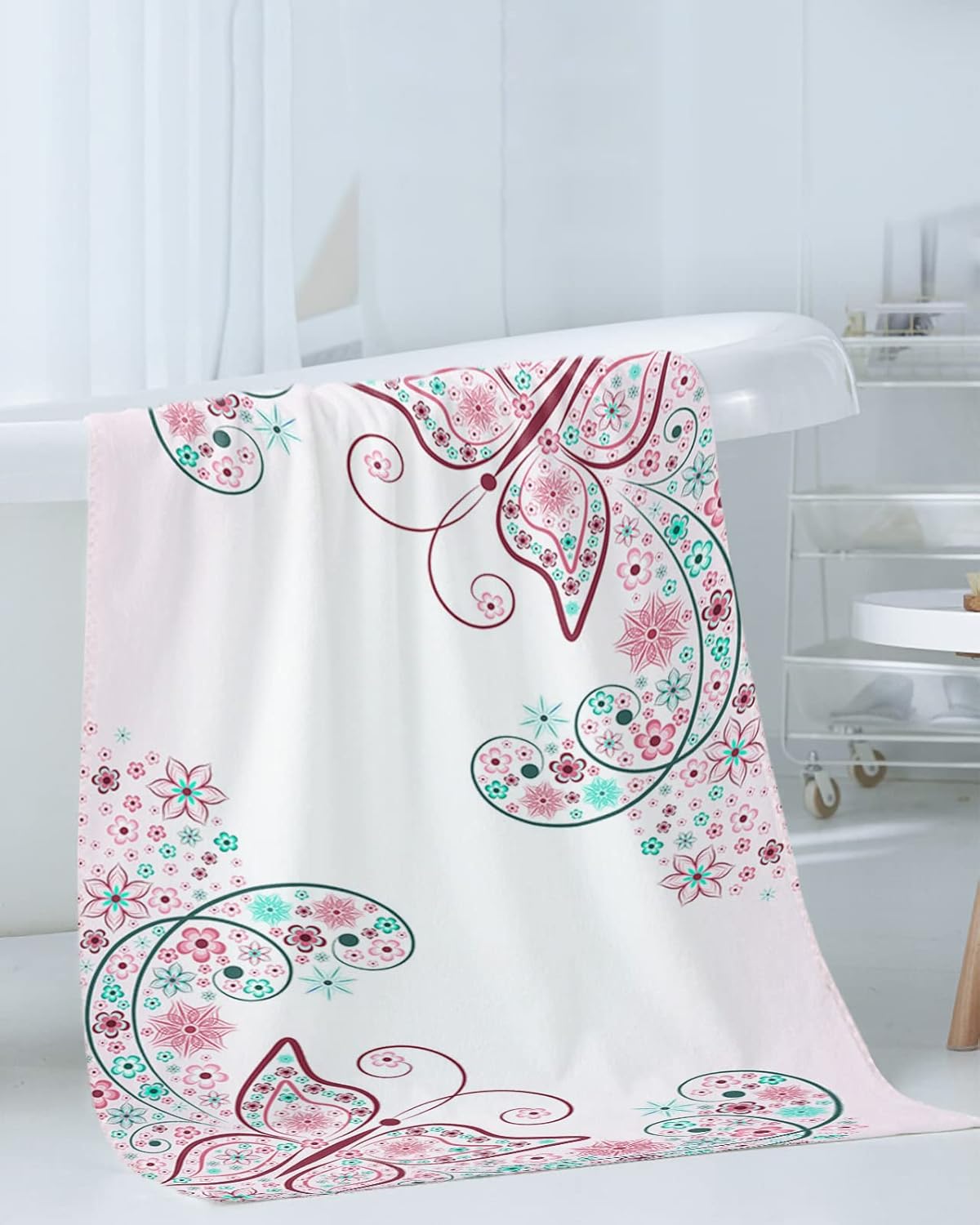 ZOE GARDEN Pink Green Spring Flower Line Bathroom Towel Set 3-PC