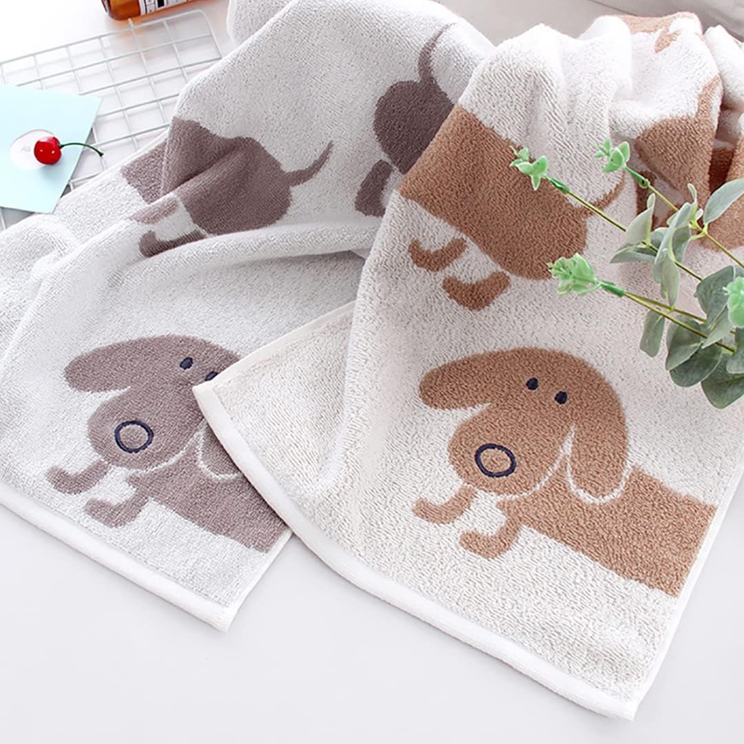 Kissvian 2 Pack Pure Cotton Hand Bath Towel Set with Cartoon Dog Pattern