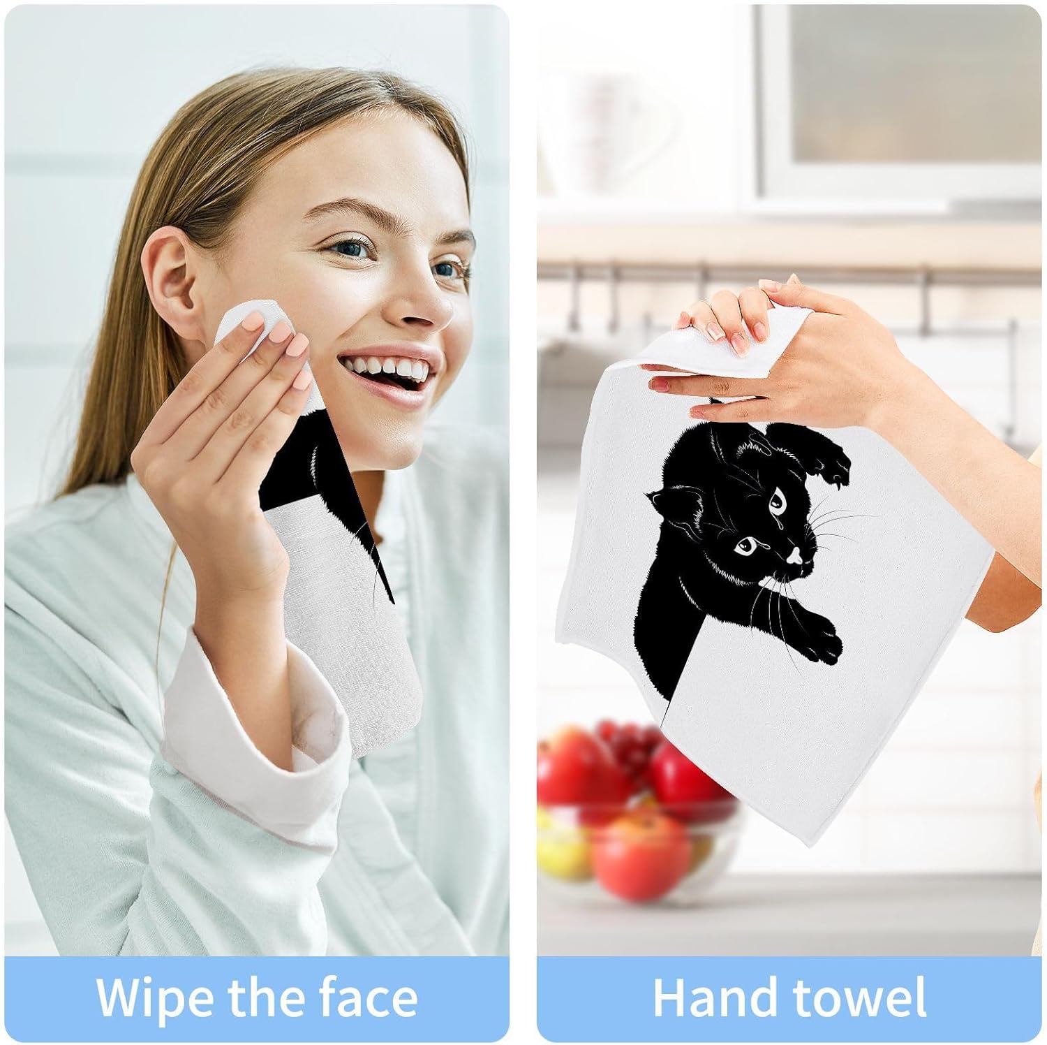 Doterii Set of 2 Black Cat Washcloths for Kitchen and Bathroom