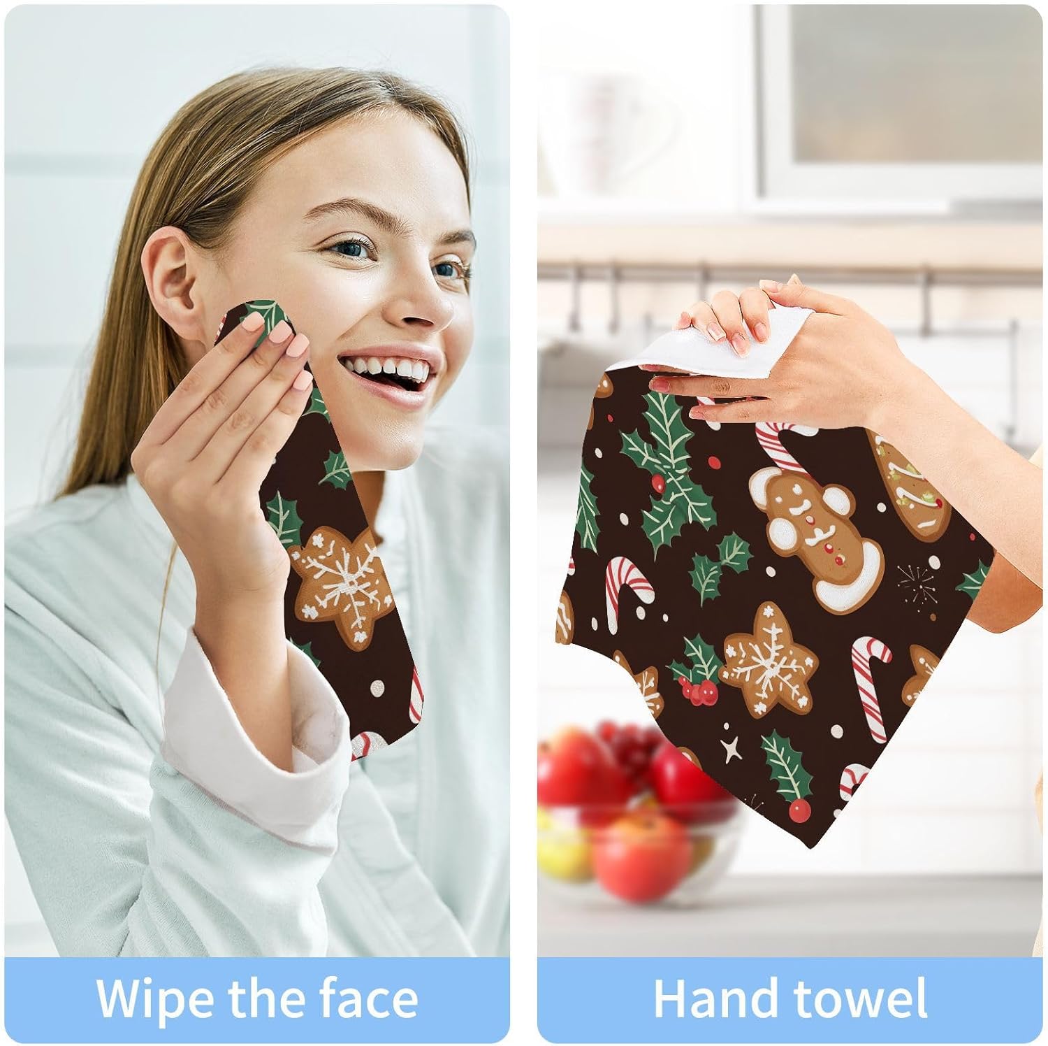 Kigai Christmas Cookie Washcloth Set Soft Absorbent Stylish for Home Travel