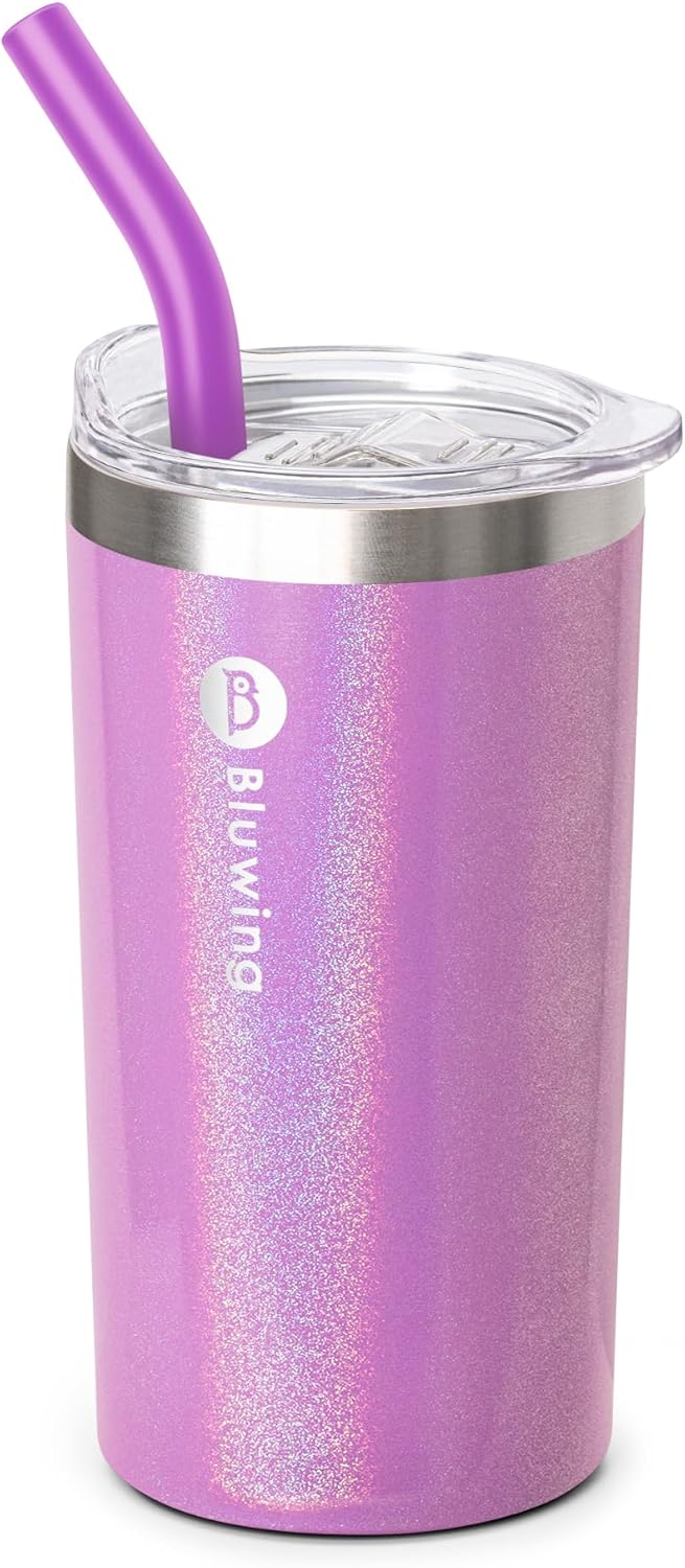 Bluwing 12 oz Small Tumbler with Straw Glitter Purple