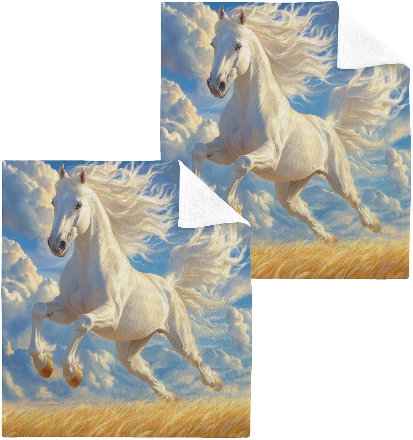 2-Pack White Horse Gallops Washcloths Soft Absorbent Face Hand Towels