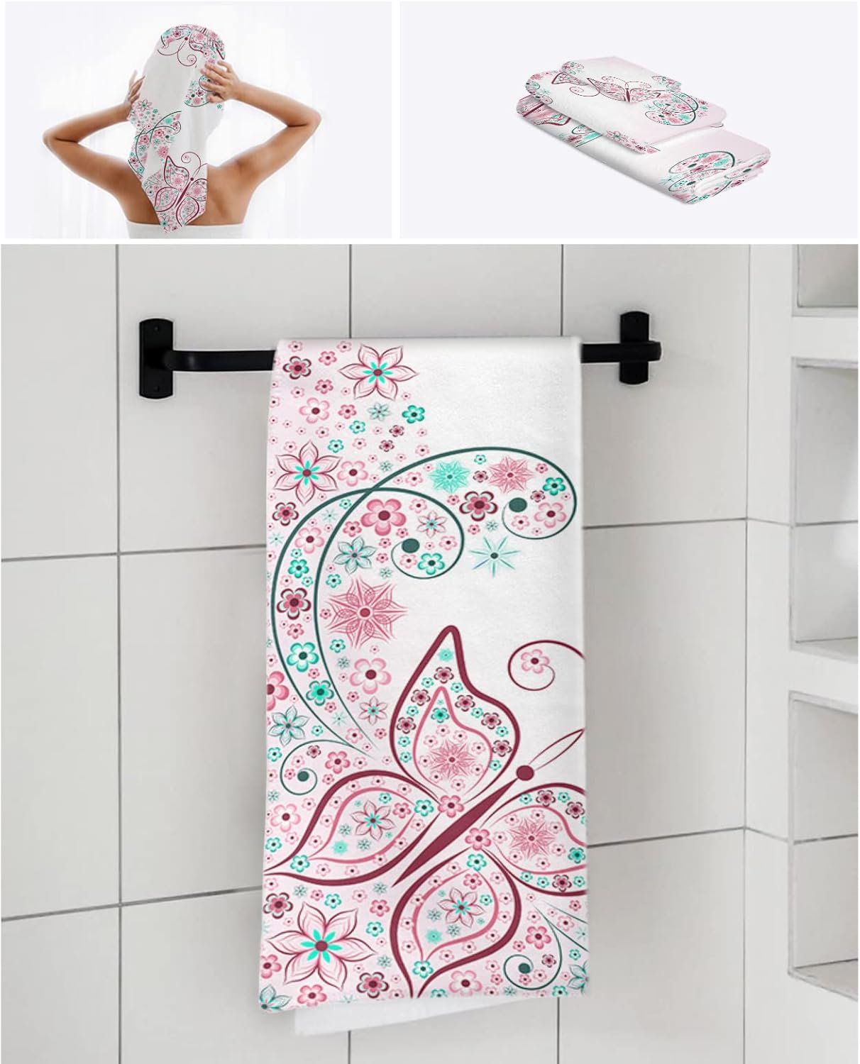 ZOE GARDEN Pink Green Spring Flower Line Bathroom Towel Set 3-PC