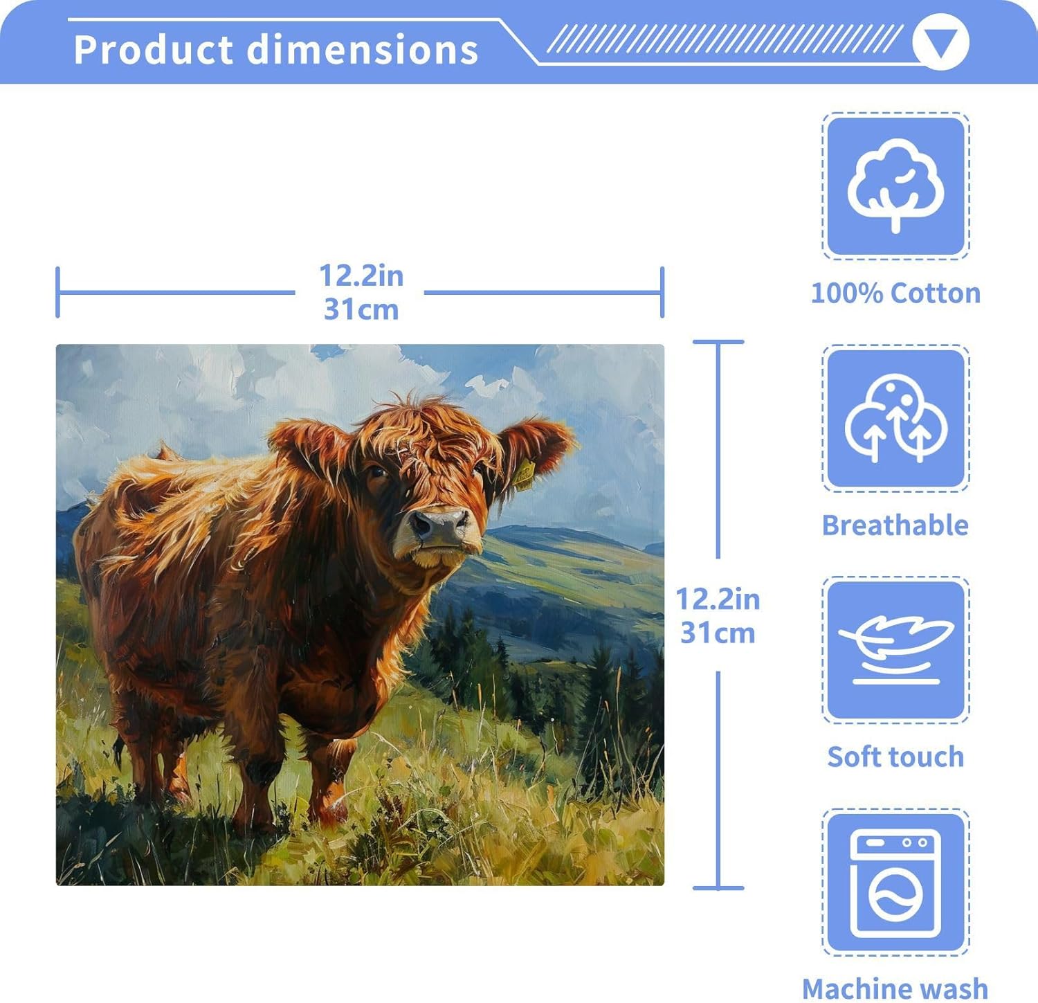 Highland Cow Washcloth Set Soft 12x12 Reusable Bath Towels for Home Travel