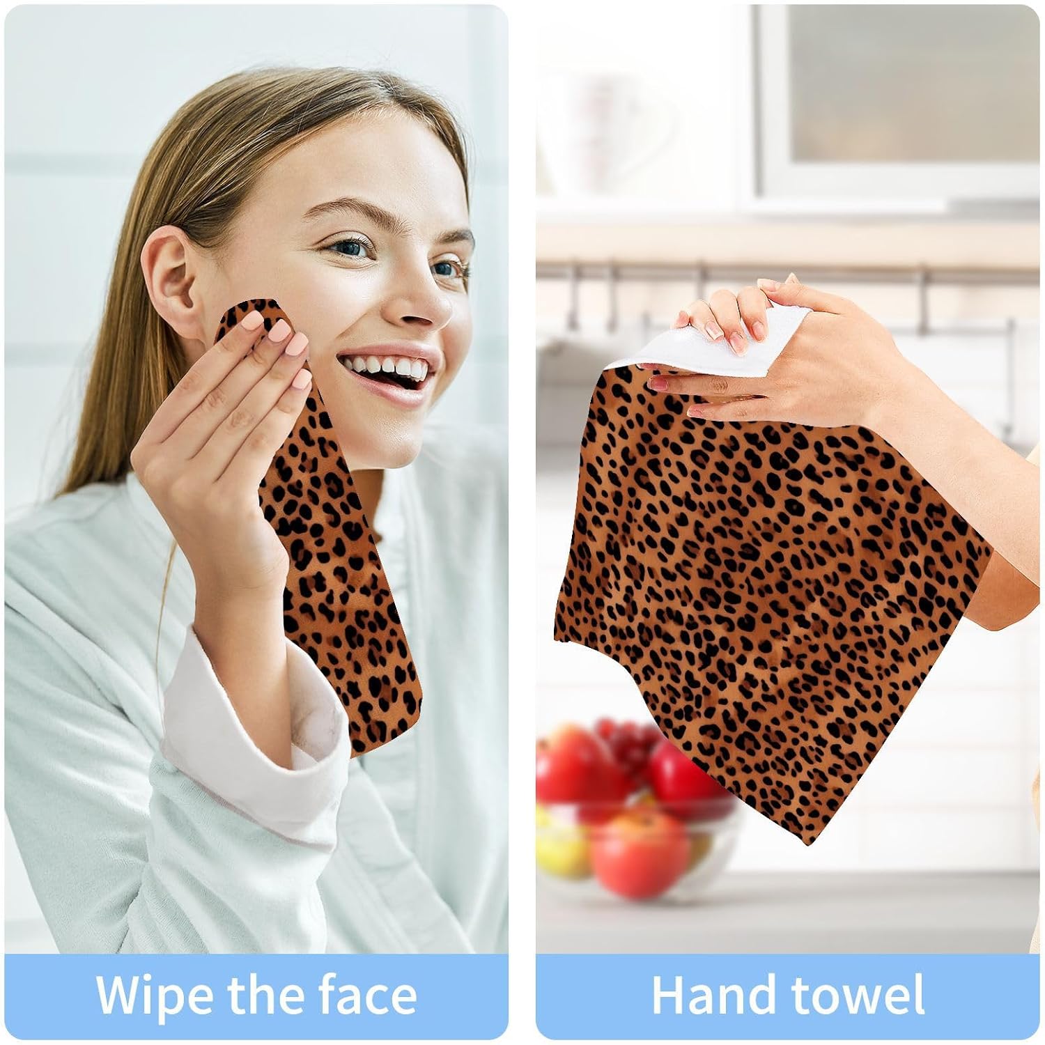 Kigai Leopard Print Washcloths Soft Absorbent Face Towels 2-Piece Set