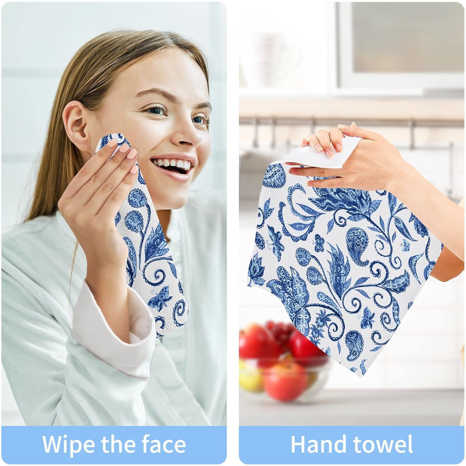 WELLDAY Blue White Floral Washcloths 2 Pack