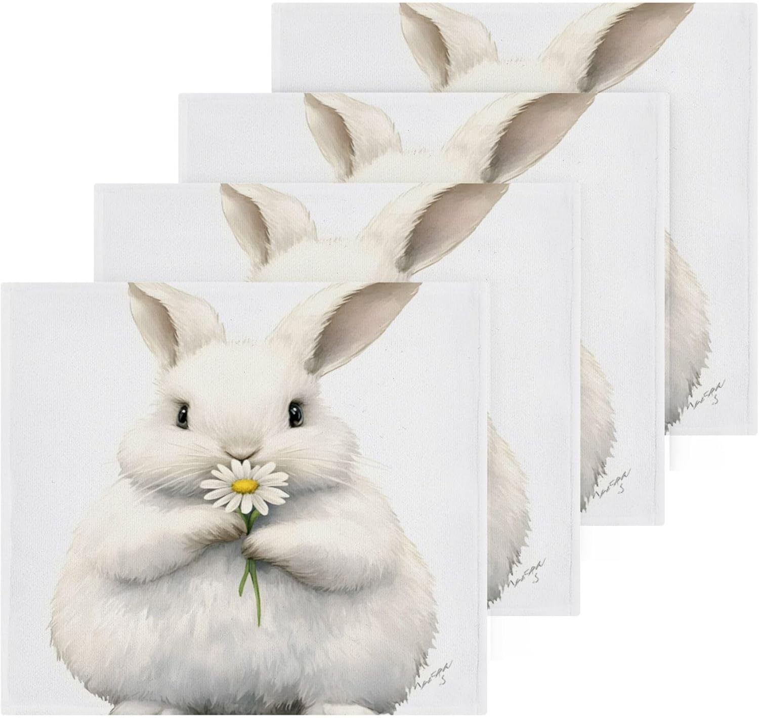Premium 4-Pack Cotton Face and Hand Towels bunny with daisy design