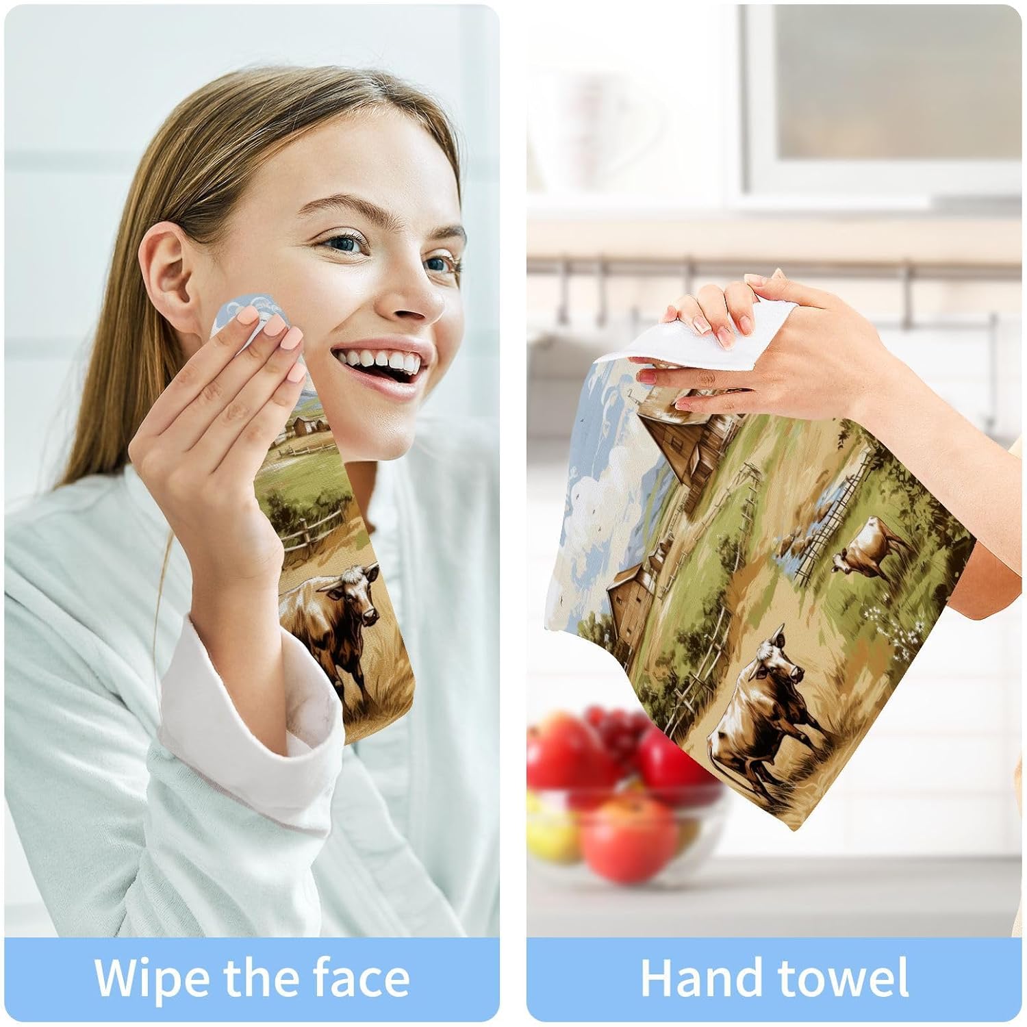 12x12 Soft Farm Animal Face Towels 2-Piece Absorbent Xigua