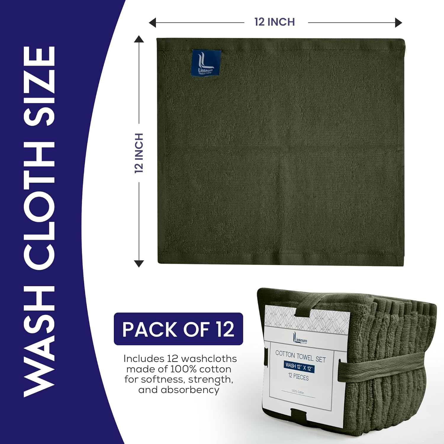 12x12 Premium Washcloth Set Zero Twist 100 Ring Spun Cotton Army Green