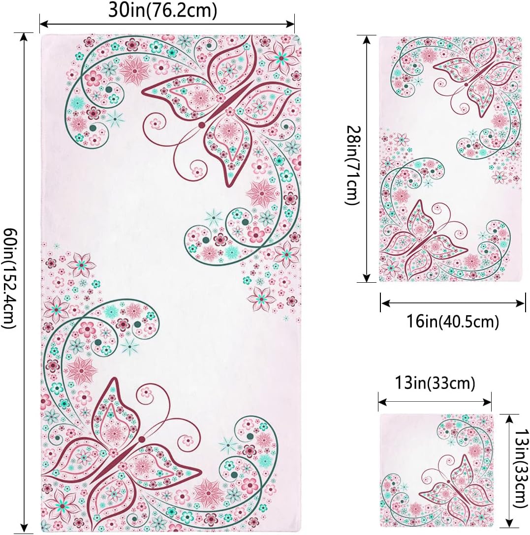 ZOE GARDEN Pink Green Spring Flower Line Bathroom Towel Set 3-PC