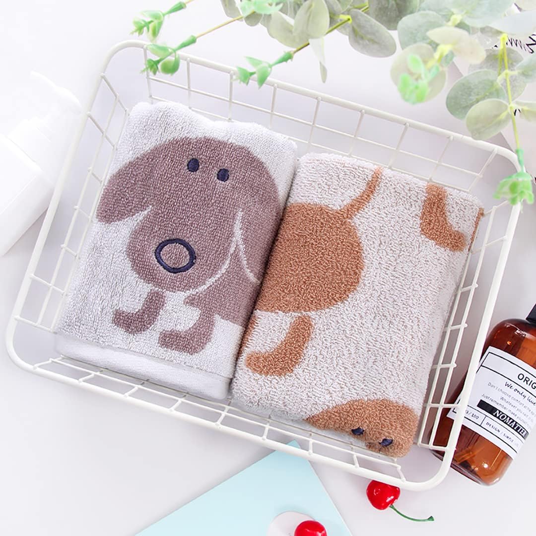 Kissvian 2 Pack Pure Cotton Hand Bath Towel Set with Cartoon Dog Pattern