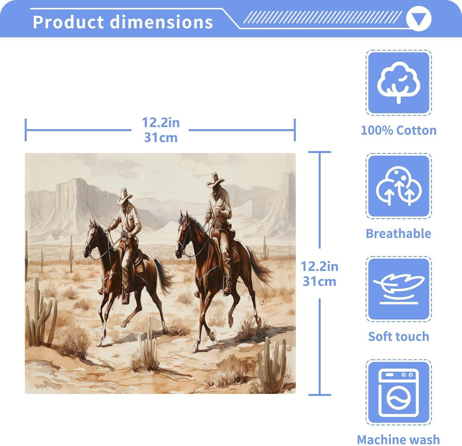 Desert Cowboy Washcloth Set - 12x12 Soft Cotton Reusable Face Hand Towels