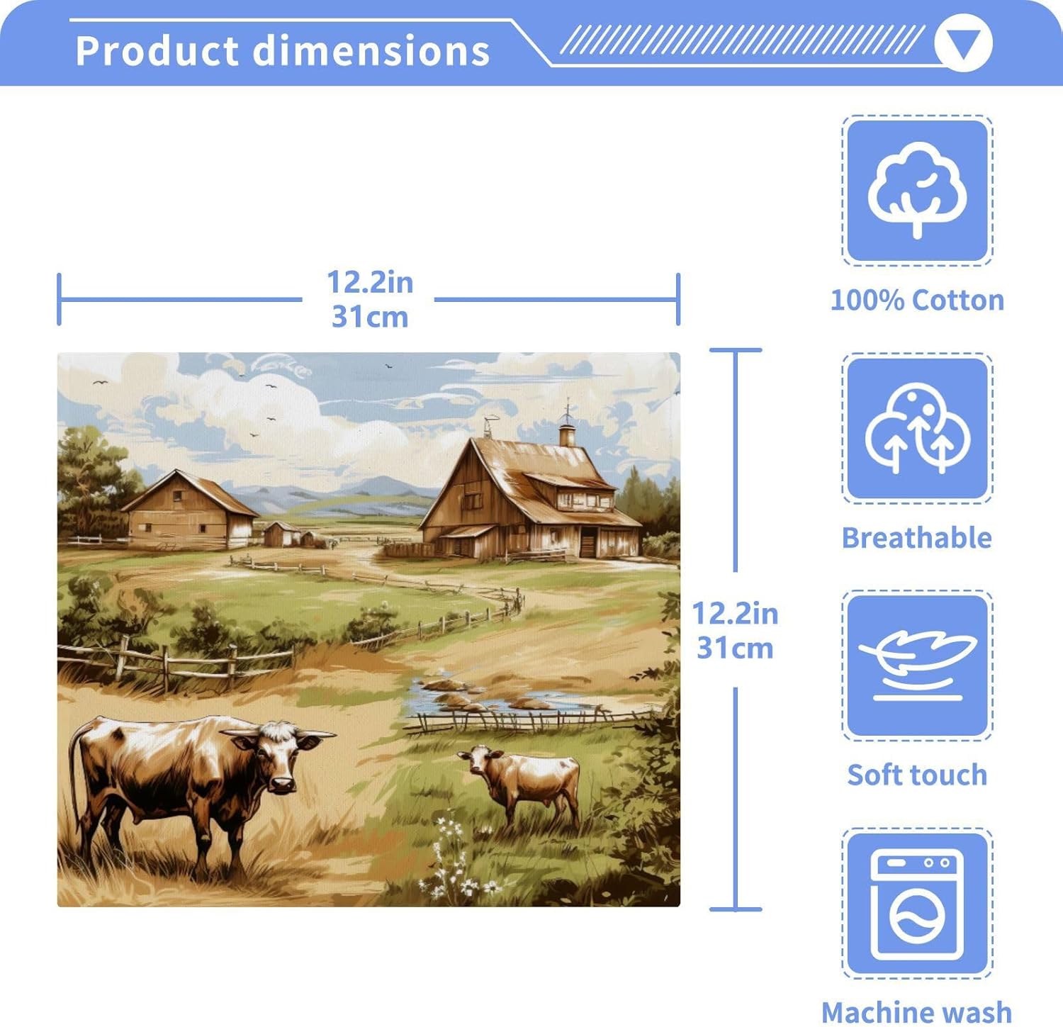 12x12 Soft Farm Animal Face Towels 2-Piece Absorbent Xigua