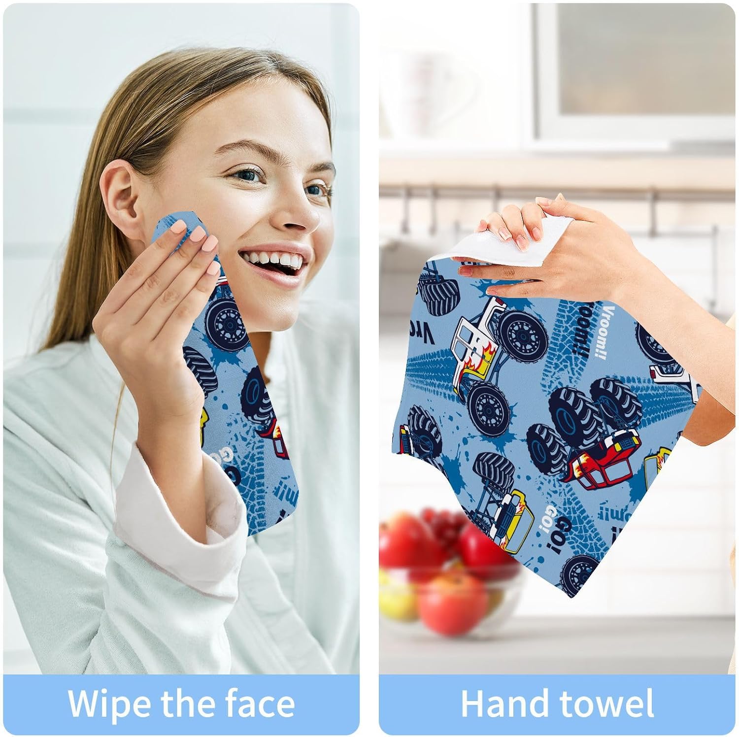 SUABO Soft Cotton Bath Washcloth Monster Truck Cars Design for Kids
