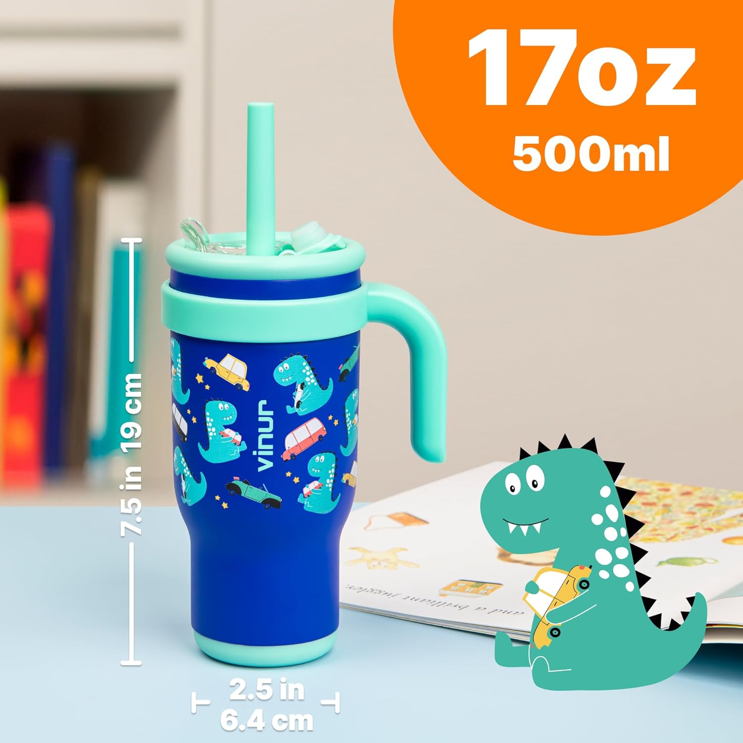 VINUR Kids Tumbler Dinosaur 17 oz Leak Proof with Handle and Straw Lid