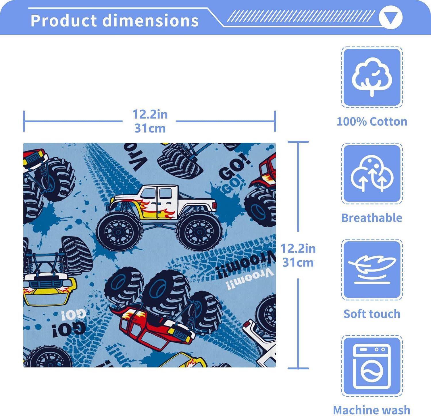 SUABO Soft Cotton Bath Washcloth Monster Truck Cars Design for Kids