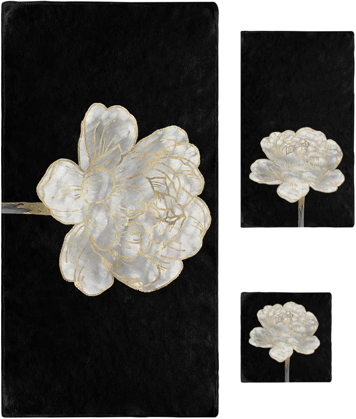 Abstract White Floral Towel Set for BathroomKitchen and More