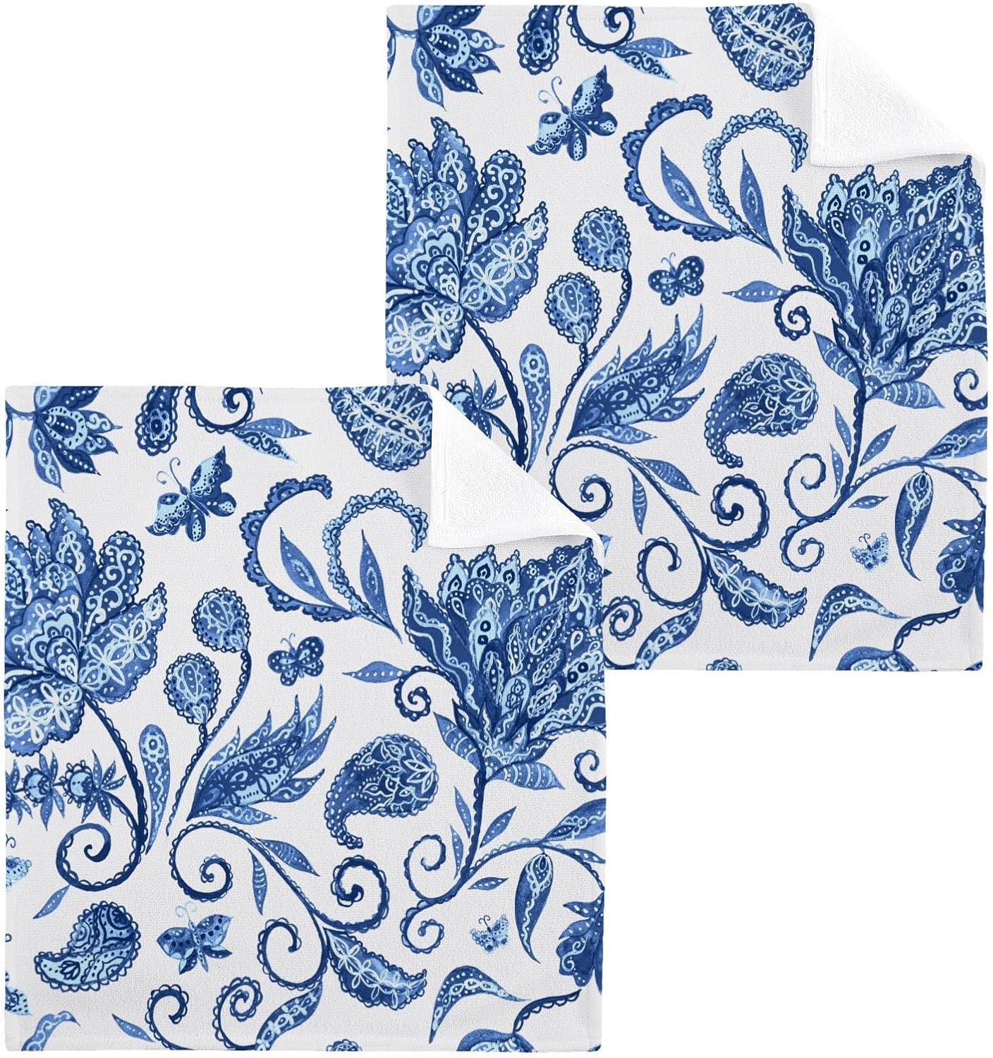 WELLDAY Blue White Floral Washcloths 2 Pack