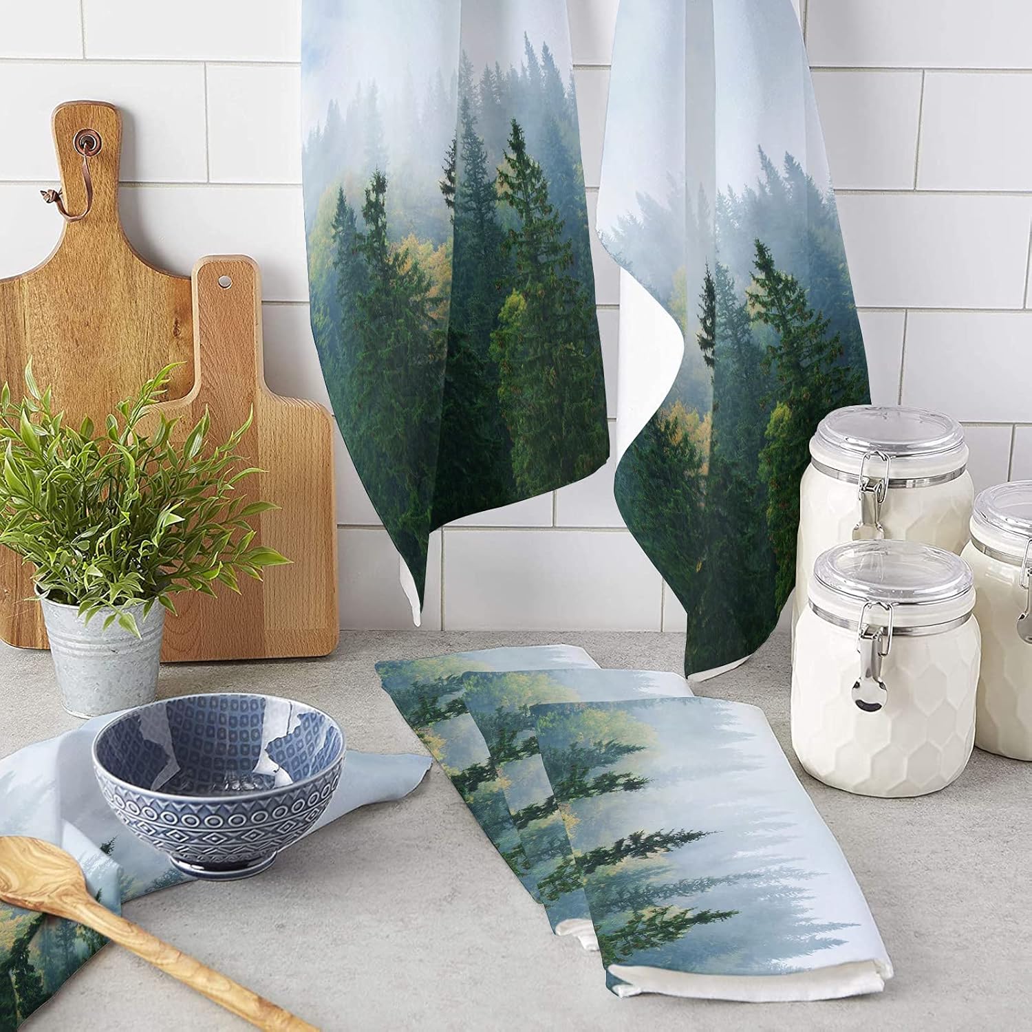 2Pack Microfiber Kitchen Towels autumn forest misty landscape 18x28 inch