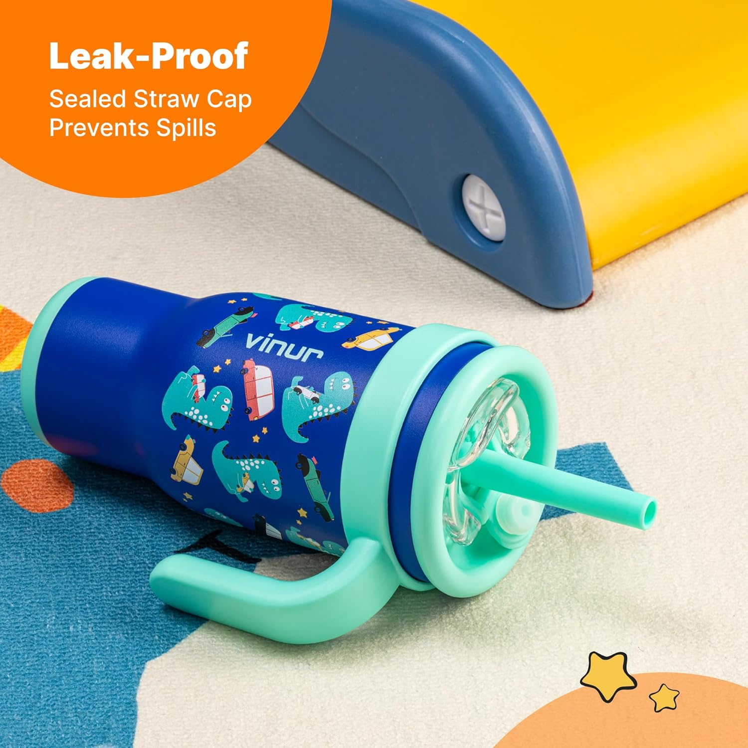 VINUR Kids Tumbler Dinosaur 17 oz Leak Proof with Handle and Straw Lid