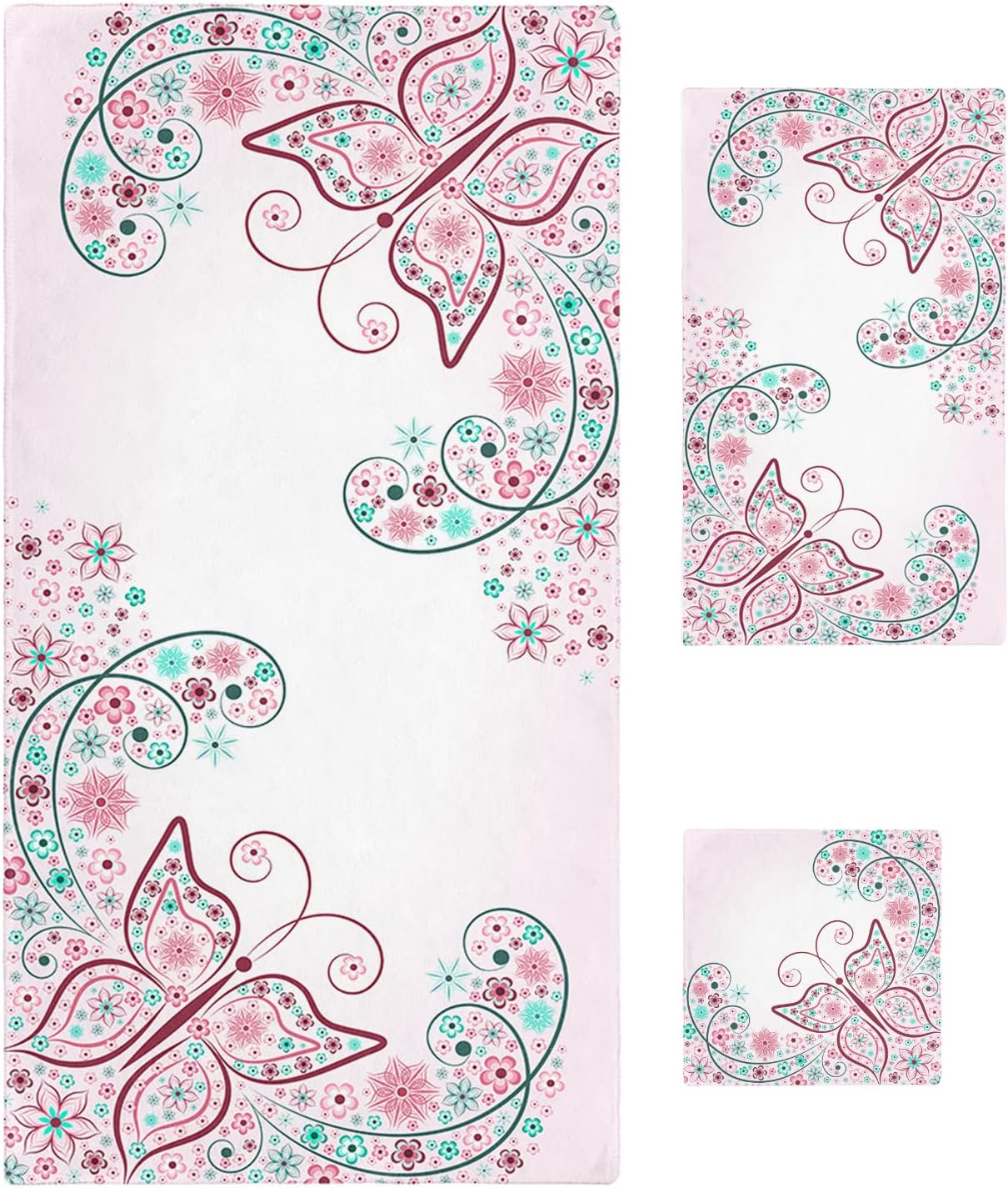 ZOE GARDEN Pink Green Spring Flower Line Bathroom Towel Set 3-PC
