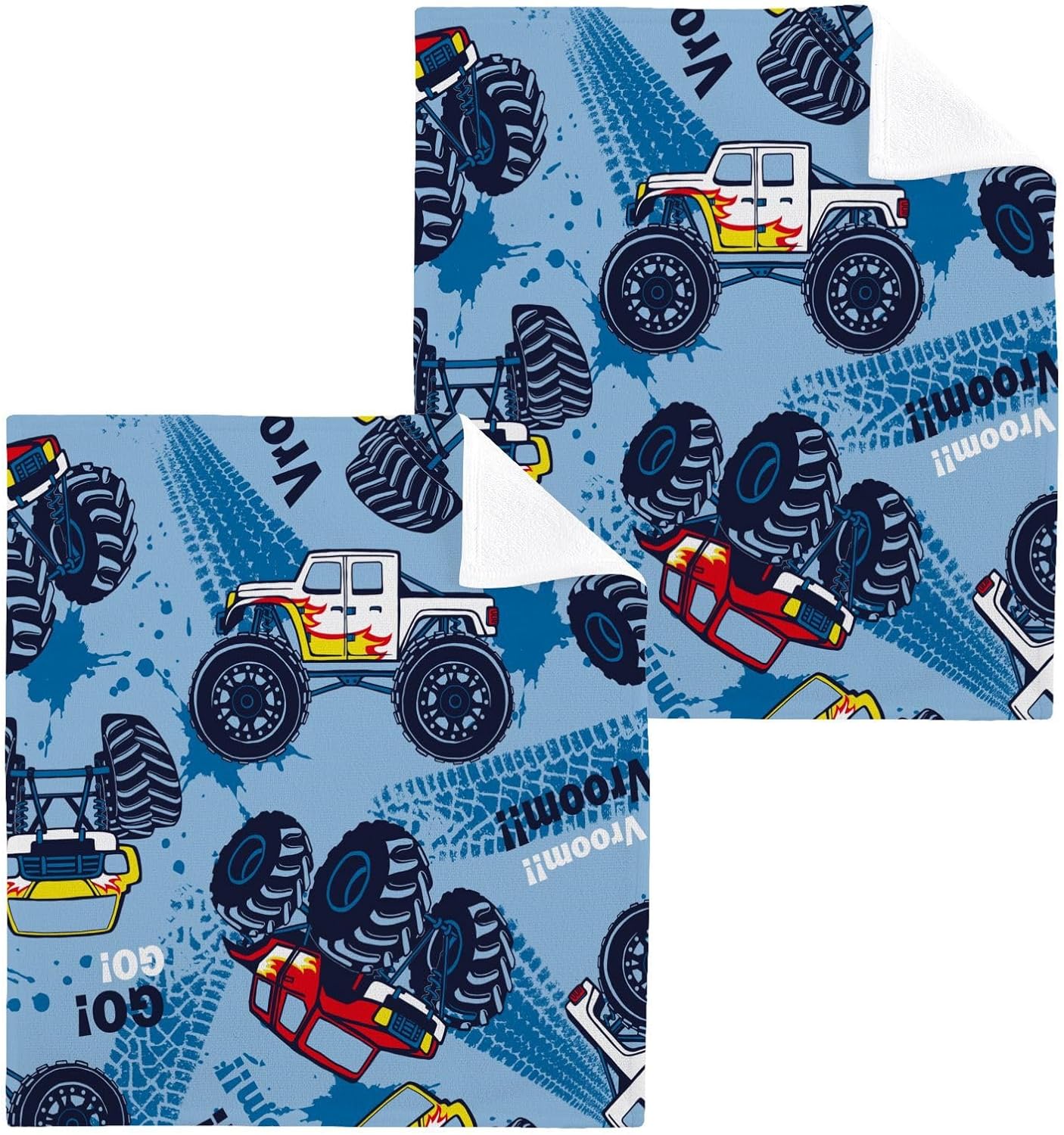 SUABO Soft Cotton Bath Washcloth Monster Truck Cars Design for Kids