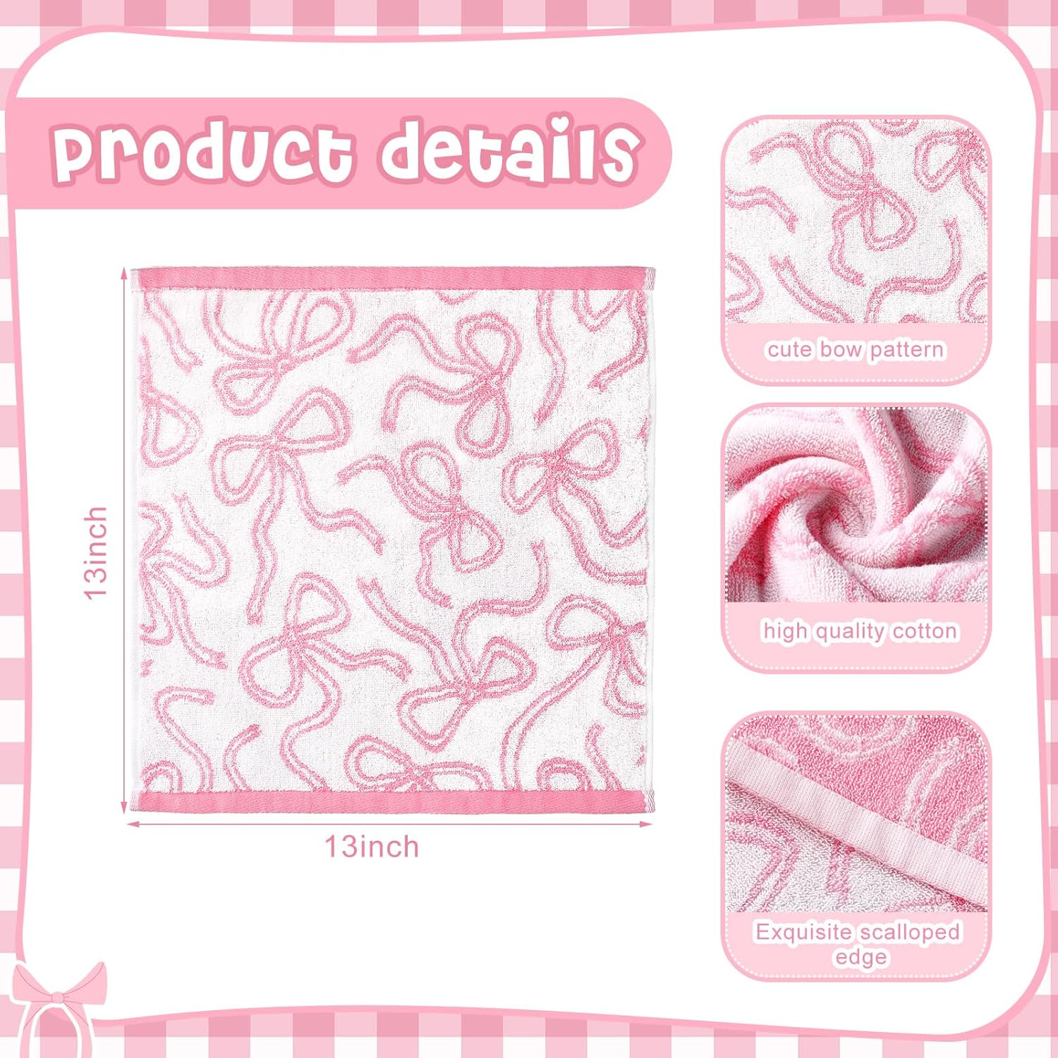 6 Pack Pink Bow 13x13 Cotton Washcloths