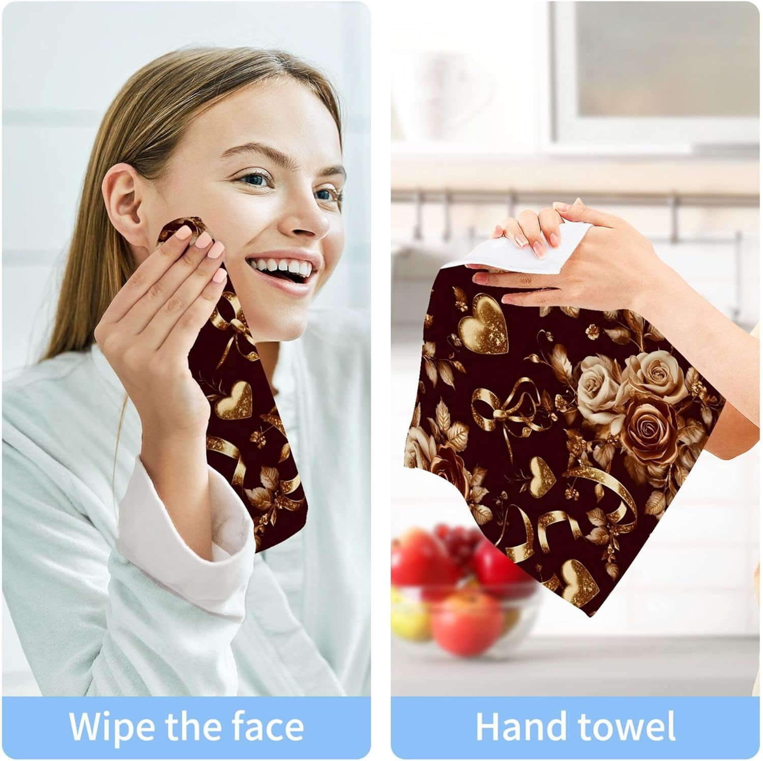 Xigua Gold Hearts Washcloths Set of 2 12x12 Inch