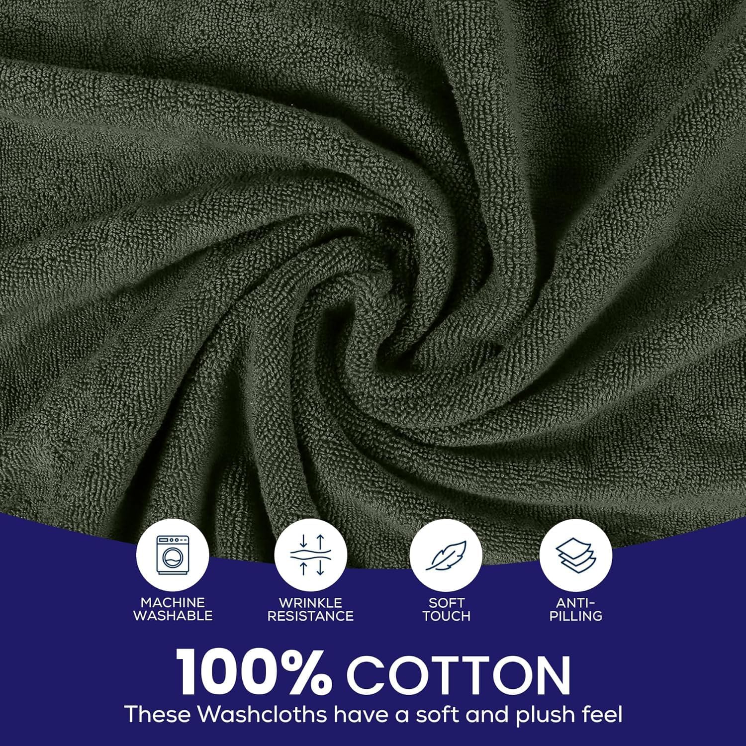 12x12 Premium Washcloth Set Zero Twist 100 Ring Spun Cotton Army Green