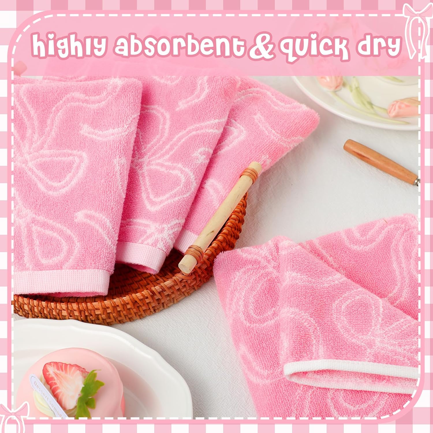 6 Pack Pink Bow 13x13 Cotton Washcloths